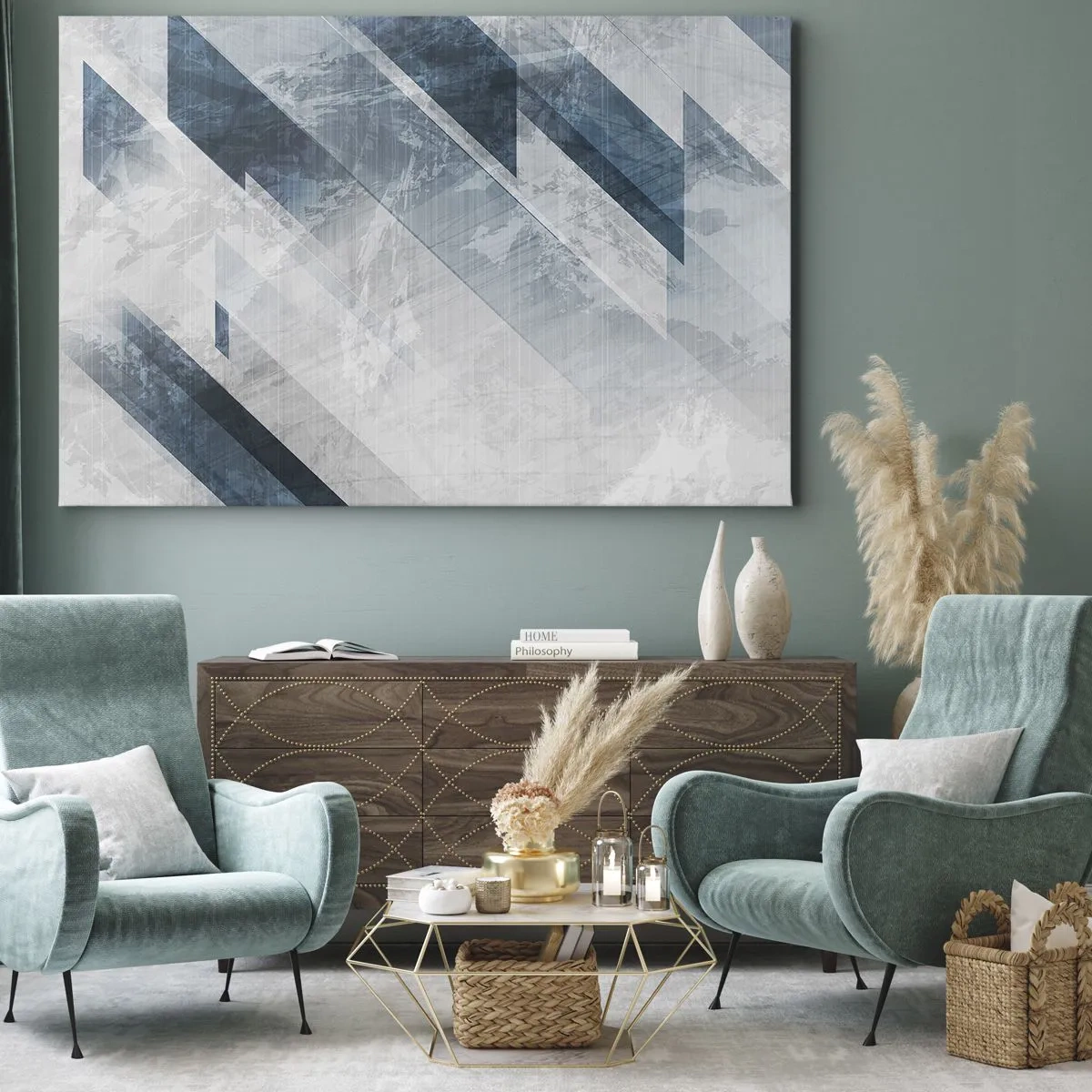 Tablou pe pânză Canvas - Linii abstracte în nuanțe de gri și albastru - 70x50cm - Compoziția spațială - mișcarea griului - Decorațiune modernă pentru perete pentru living și dormitor ARTTOR