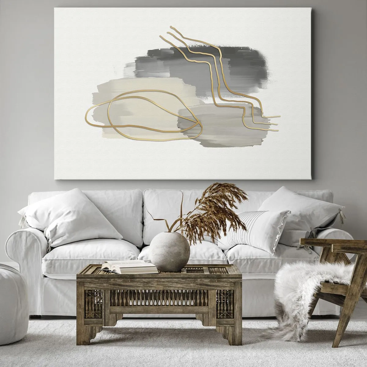Tablou pe pânză Canvas - Linii aurii abstracte pe un fundal gri - 70x50cm - Persistență și mișcare - Decorațiune modernă pentru perete pentru living și dormitor ARTTOR