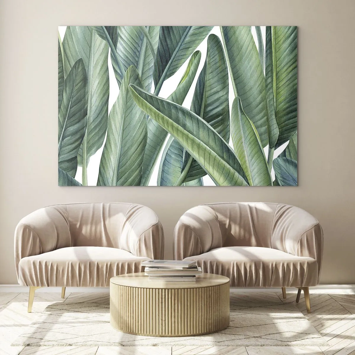 Tablou pe sticlă - Frunze tropicale în nuanțe de verde - 70x50cm - Verdeața în sine - Decorațiune modernă pentru perete pentru living și dormitor ARTTOR