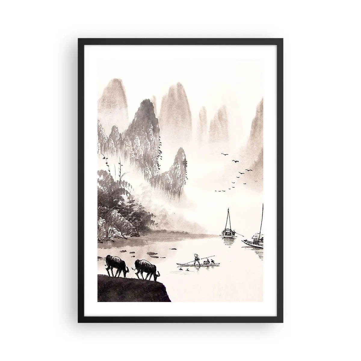 Poster în ramă neagră - Peisaj chinezesc în stil tradițional - 50x70cm - Viața exotică de zi cu zi a Estului - Decorațiune modernă pentru perete pentru living și dormitor ARTTOR