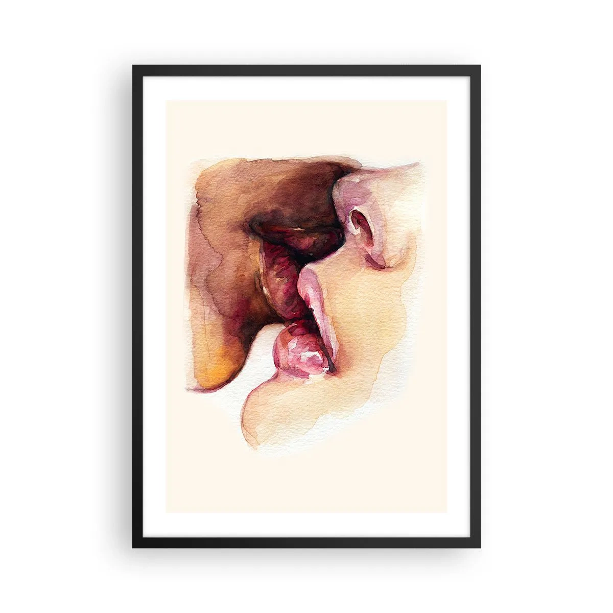 Poster în ramă neagră - Buze în acuarelă într-un sărut intim pe un fundal deschis - 50x70cm - Ca ziua și noaptea, ca cerul și pământul - Decorațiune modernă pentru perete pentru living și dormitor ARTTOR