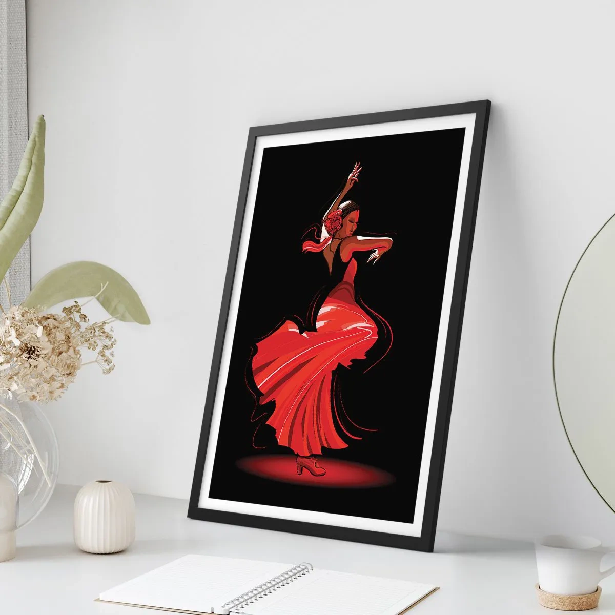 Poster în ramă neagră - Dansatoare de flamenco într-o rochie roșie pe un fundal negru - 50x70cm - Spiritul înflăcărat al flamenco-ului - Decorațiune modernă pentru perete pentru living și dormitor ARTTOR