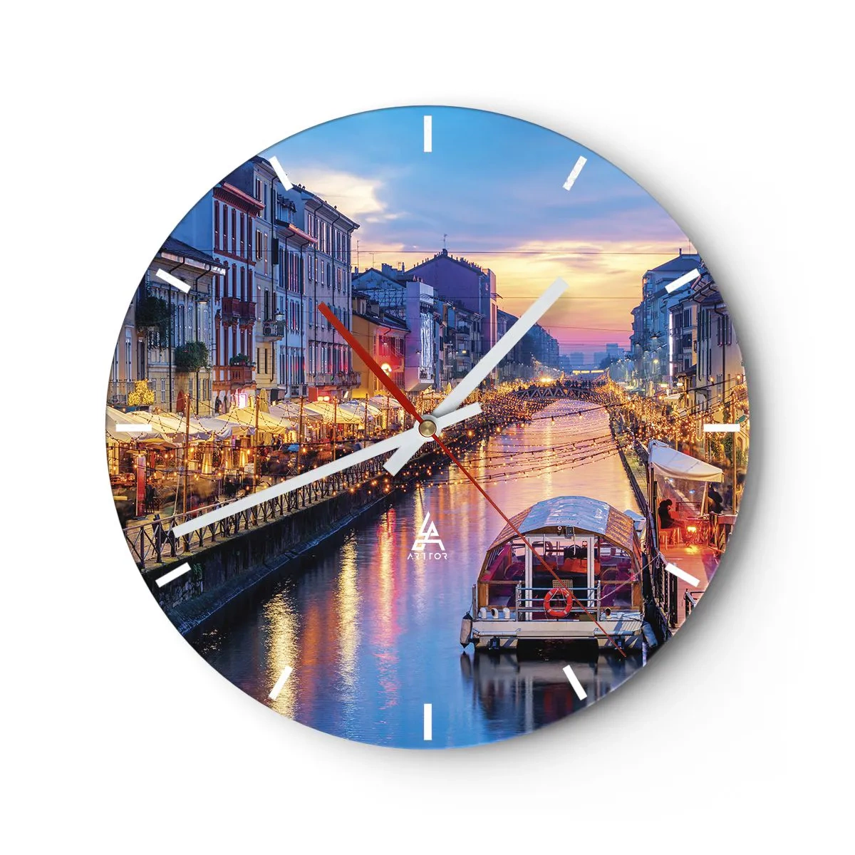 Ceas de perete - Ceas pe sticlă - Vedere a unui canal din Milano la amurg - 30x30cm - O seară de lumină și distracție - Decorațiune modernă pentru perete pentru living, bucătărie și dormitor ARTTOR