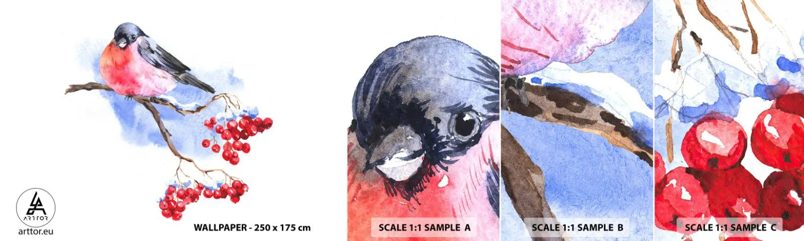Mostră de Tapet Standard Eco - Iarna în culori - Pasăre Pe O Ramă, Rowan roșu, Grafică - 100x30 cm