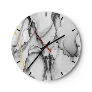 Ceas de perete - Ceas pe sticlă - O compoziție abstractă în nuanțe de gri cu o notă aurie. - 30x30cm - Compoziție cu motiv auriu - Decorațiune modernă pentru perete pentru living, bucătărie și dormitor ARTTOR