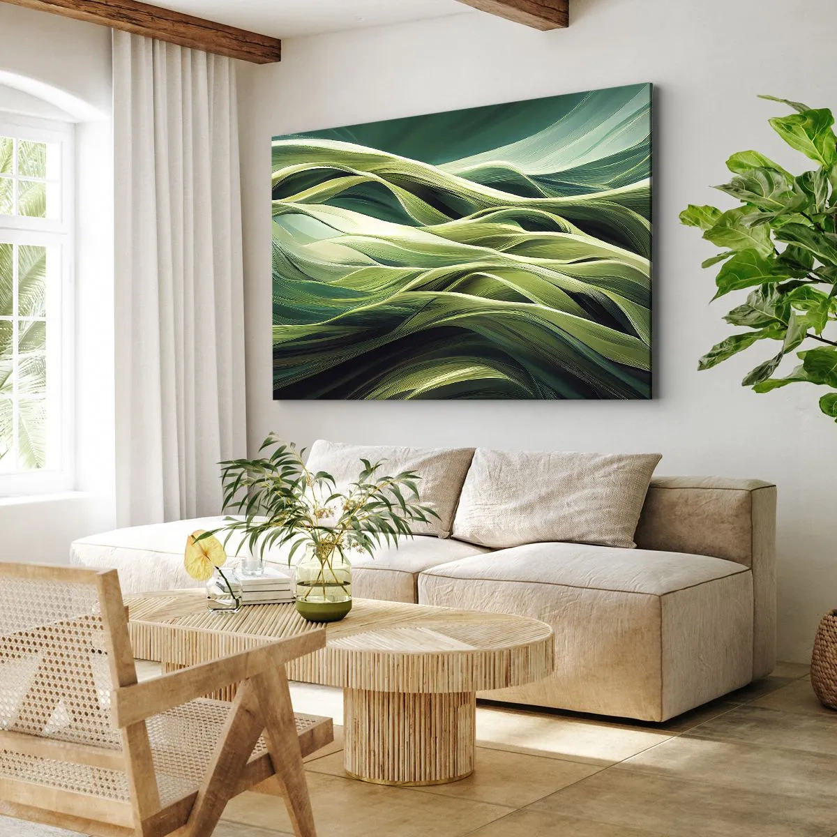 Tablou pe pânză Canvas - Linii dinamice în nuanțe de verde - 70x50cm - Un joc abstract de verde - Decorațiune modernă pentru perete pentru living și dormitor ARTTOR