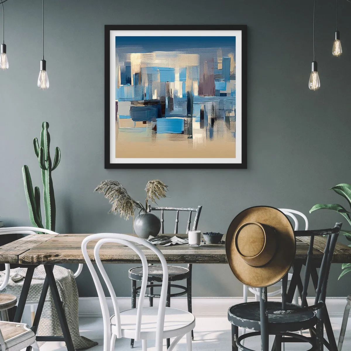 Poster în ramă neagră - Construcție albastră - 60x60 cm