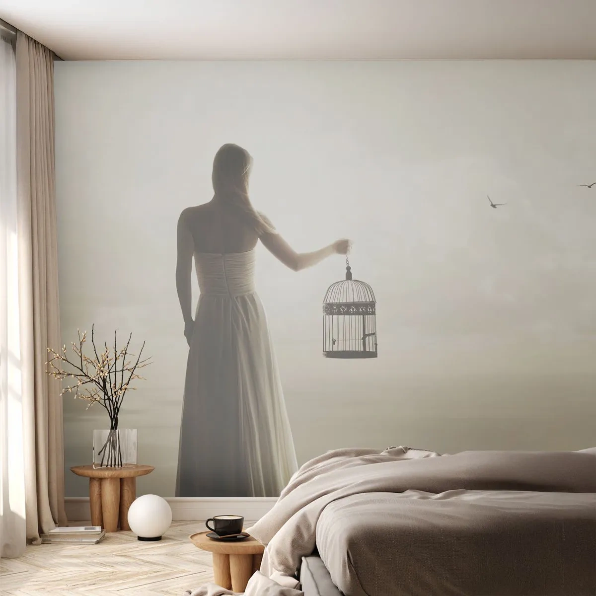 Tapet Standard Eco - O femeie cu o cușcă privind în depărtare pe cer și mare - 100x70cm - Fii liberă - Decorațiune modernă pentru perete pentru living și dormitor ARTTOR