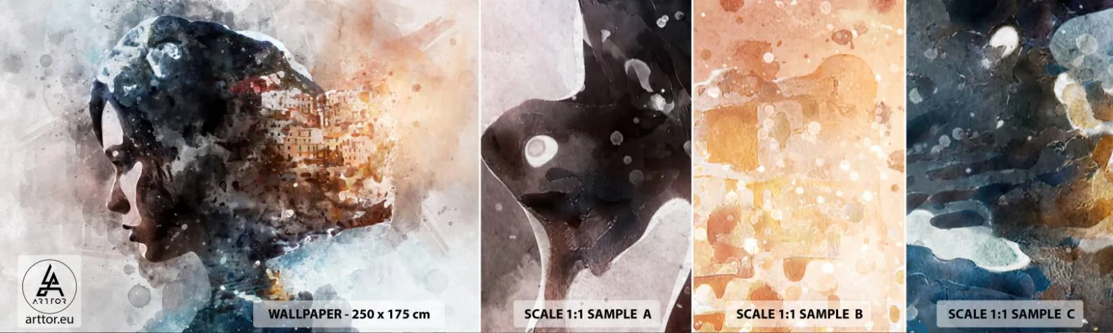 Mostră tapet autocolant Deluxe Sticker - Povestea unei fete cu un oraș în fundal - Abstracția, Femeie, Arhitectură - 100x30 cm