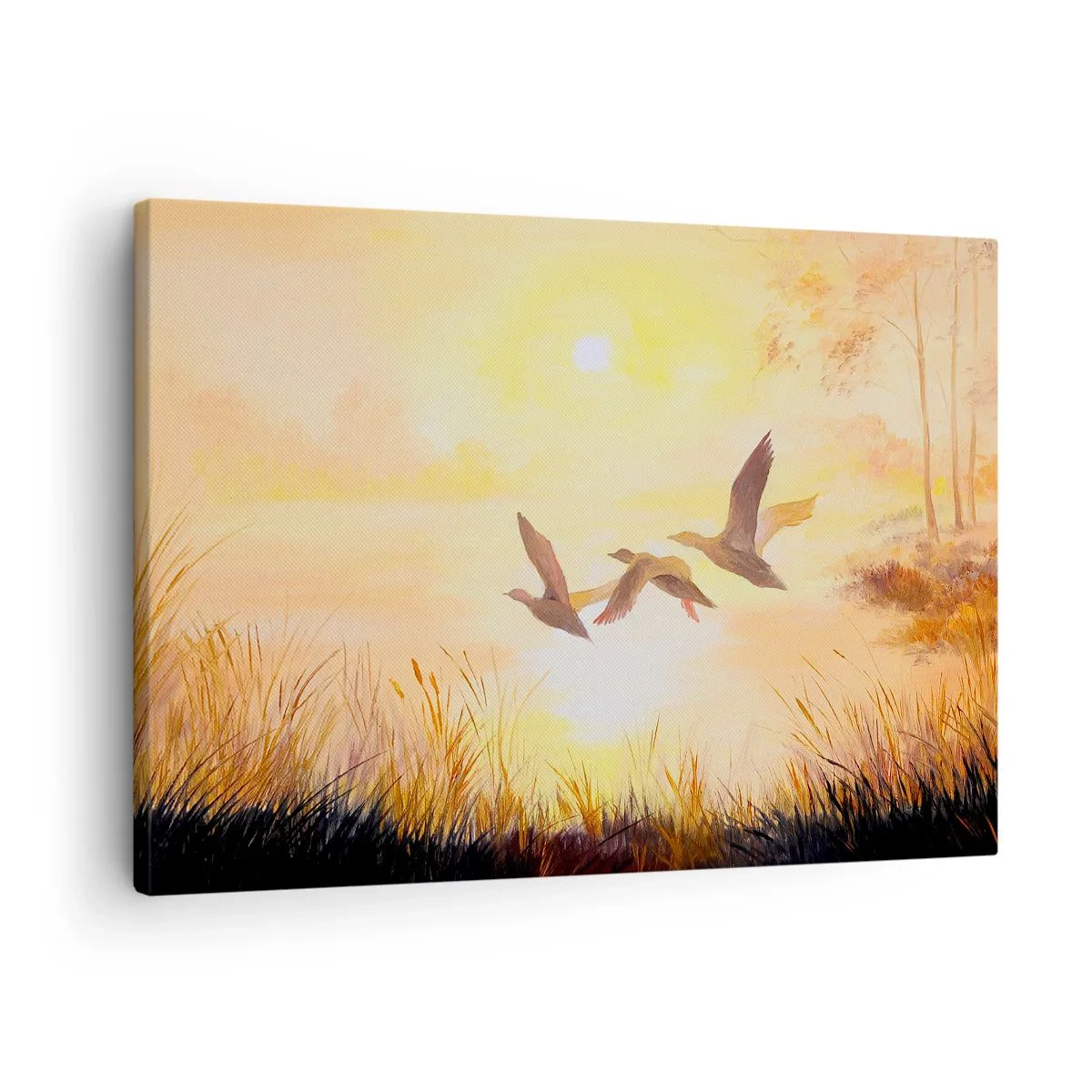 Tablou pe pânză Canvas - Rațe zburând la răsăritul soarelui peste lac - 70x50cm - Începutul unei lungi călătorii - Decorațiune modernă pentru perete pentru living și dormitor ARTTOR