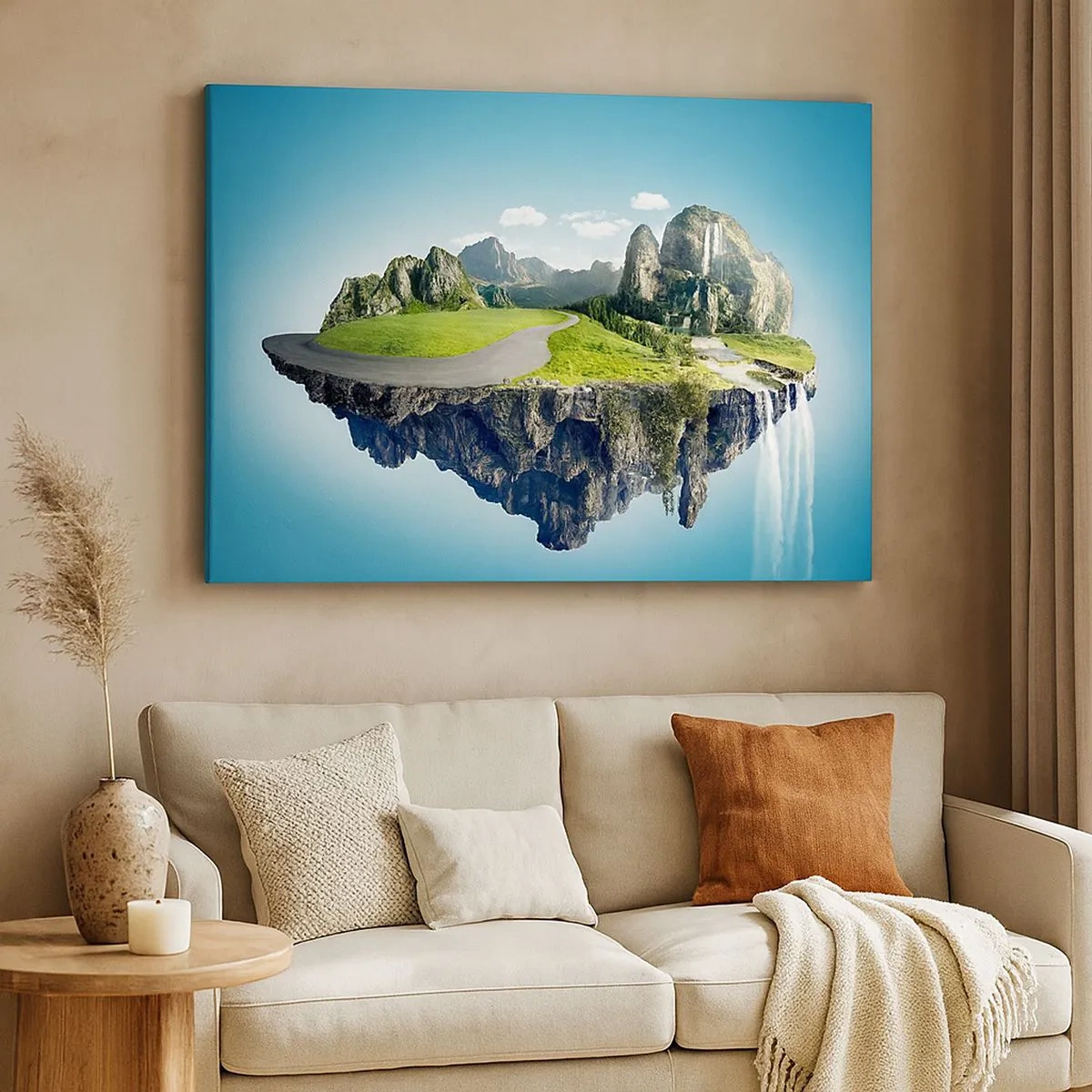 Tablou pe pânză Canvas - O insulă plutitoare cu munți și cascade - 70x50cm - Insula fantastică - Decorațiune modernă pentru perete pentru living și dormitor ARTTOR