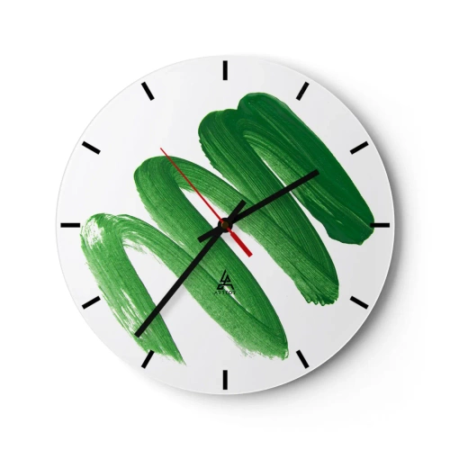 Ceas de perete - Ceas pe sticlă - tușe de pensulă verzi pe fundal alb - 30x30cm - Glumă verde - Decorațiune modernă pentru perete pentru living, bucătărie și dormitor ARTTOR