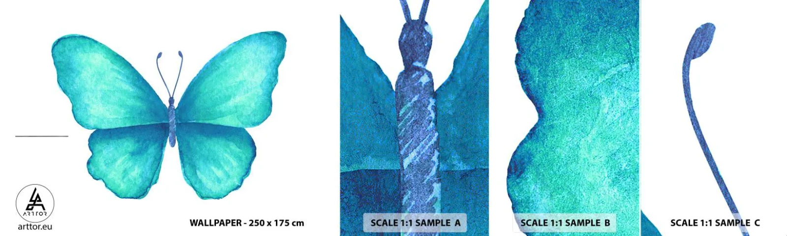 Mostră tapet autocolant Deluxe Sticker - Turcoaz prin natura - Fluture, Pentru copii, Grafică - 100x30 cm