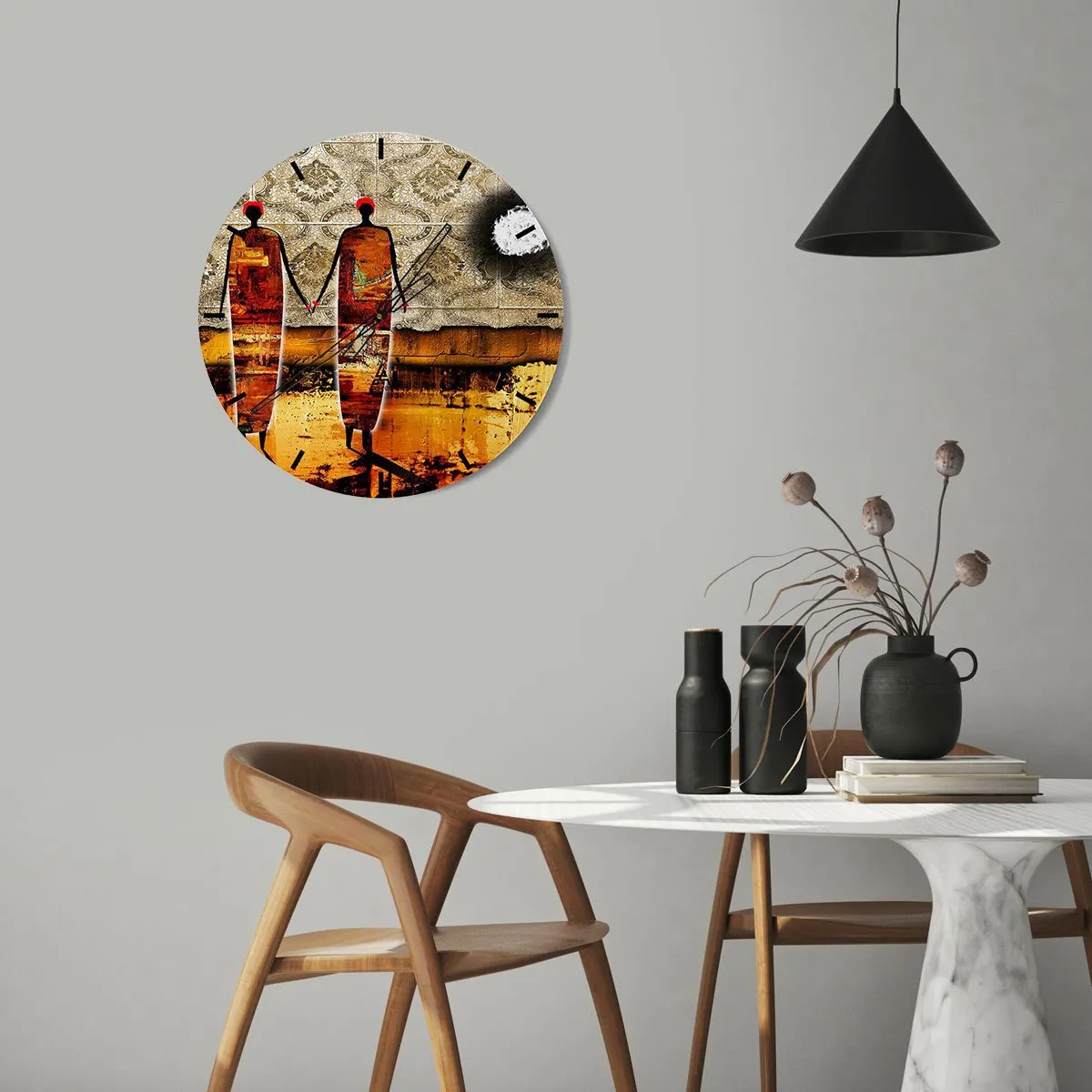 Ceas de perete - Ceas pe sticlă - Compoziție etnică în culorile Africii - 40x40 cm