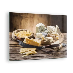 Tablou pe sticlă - Platou de brânzeturi cu cuțit pe masă rustică - 70x50cm - Zâmbește - Decorațiune modernă pentru perete pentru living și dormitor ARTTOR