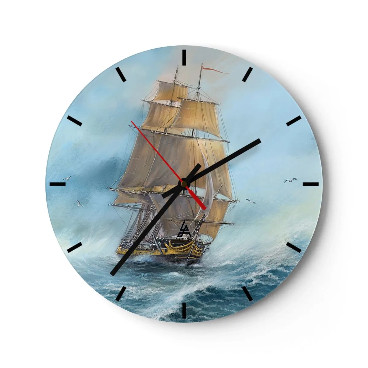 Ceas de perete - Ceas pe sticlă - O corabie cu pânze pe o mare furtunoasă într-un decor dinamic - 30x30cm - Rulează pe valuri - Decorațiune modernă pentru perete pentru living, bucătărie și dormitor ARTTOR