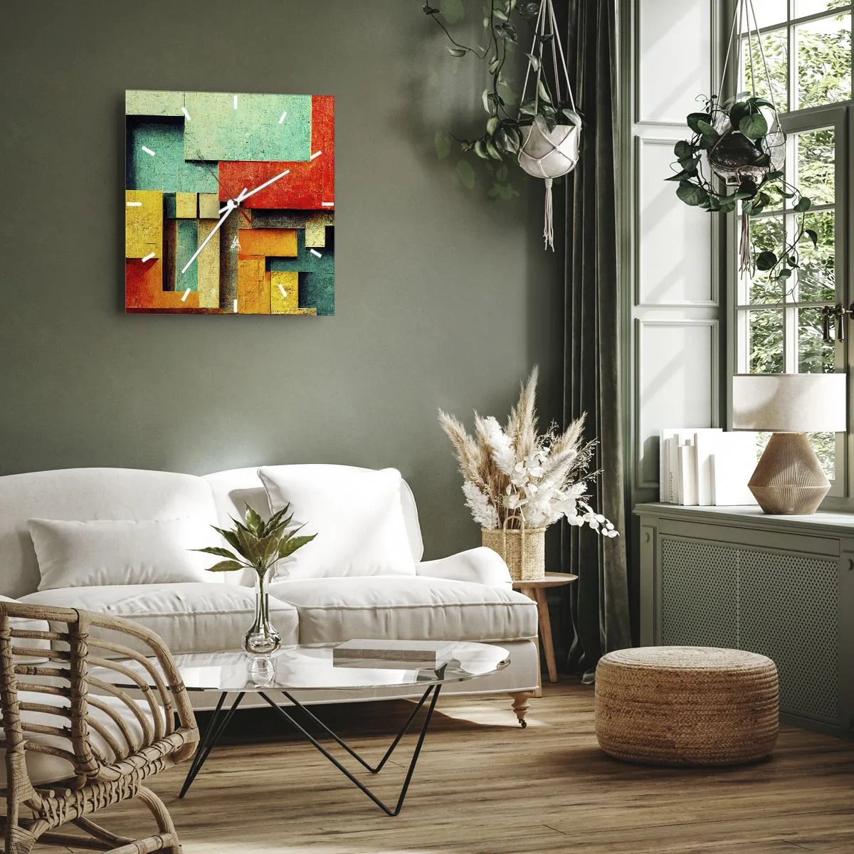 Ceas de perete - Ceas pe sticlă - Festival de unghiuri drepte - 30x30 cm