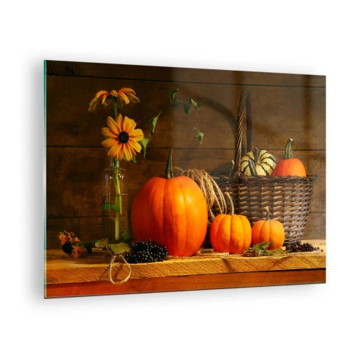 Tablou pe sticlă - Natură statică de toamnă cu dovleci și flori - 70x50cm - Compoziție rustică - cadouri de toamnă - Decorațiune modernă pentru perete pentru living și dormitor ARTTOR