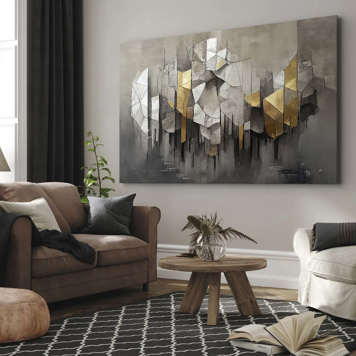 Tablou pe pânză Canvas - Abstracție geometrică în nuanțe de auriu și gri - 70x50cm - Compoziție de gheață și lumină - Decorațiune modernă pentru perete pentru living și dormitor ARTTOR