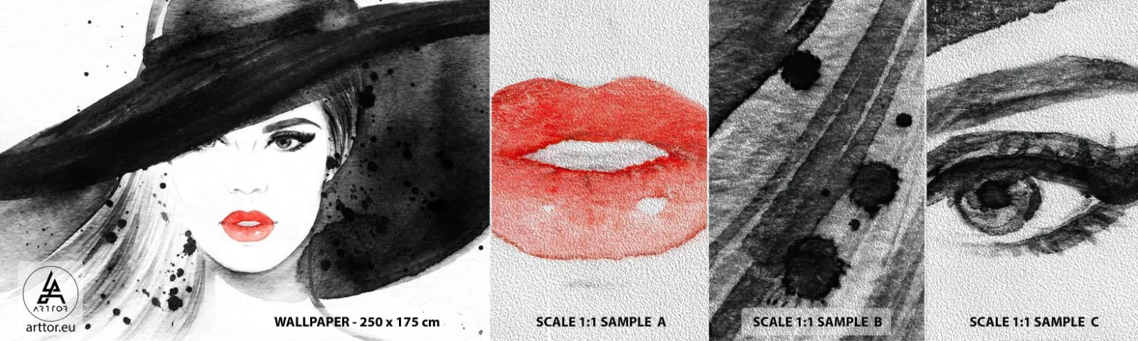 Mostră tapet Premium Sand - Doamna în negru - Femeie, Chipul de femeie, Portretul unei femei - 100x30 cm