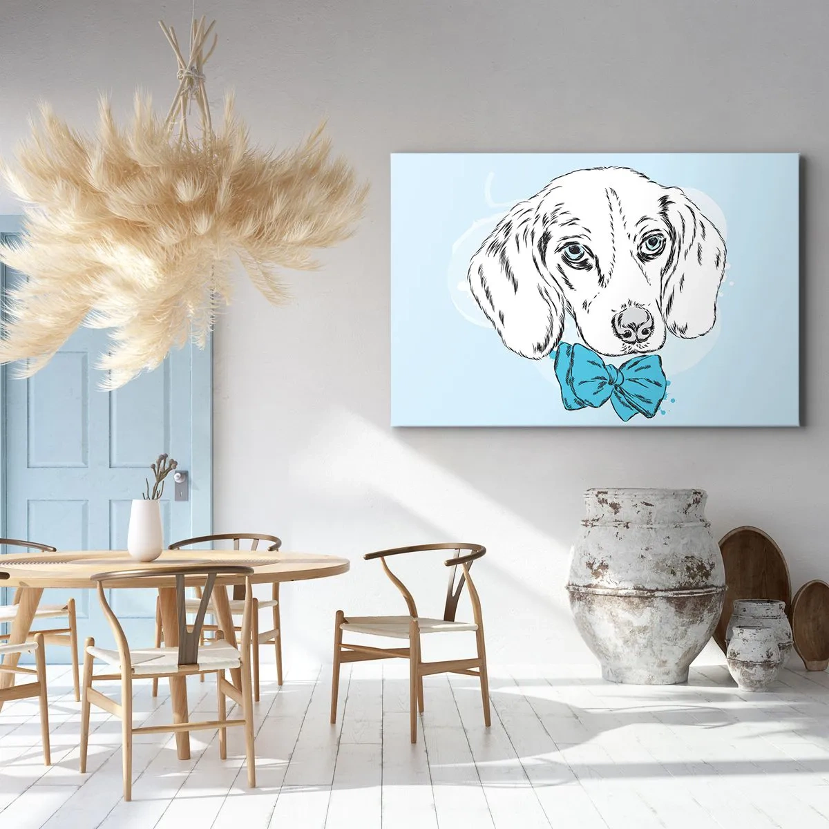 Tablou pe pânză Canvas - Grafică adorabilă cu un câine cu papion pe un fundal pastel - 70x50cm - Eleganța câinelui - Decorațiune modernă pentru perete pentru living și dormitor ARTTOR