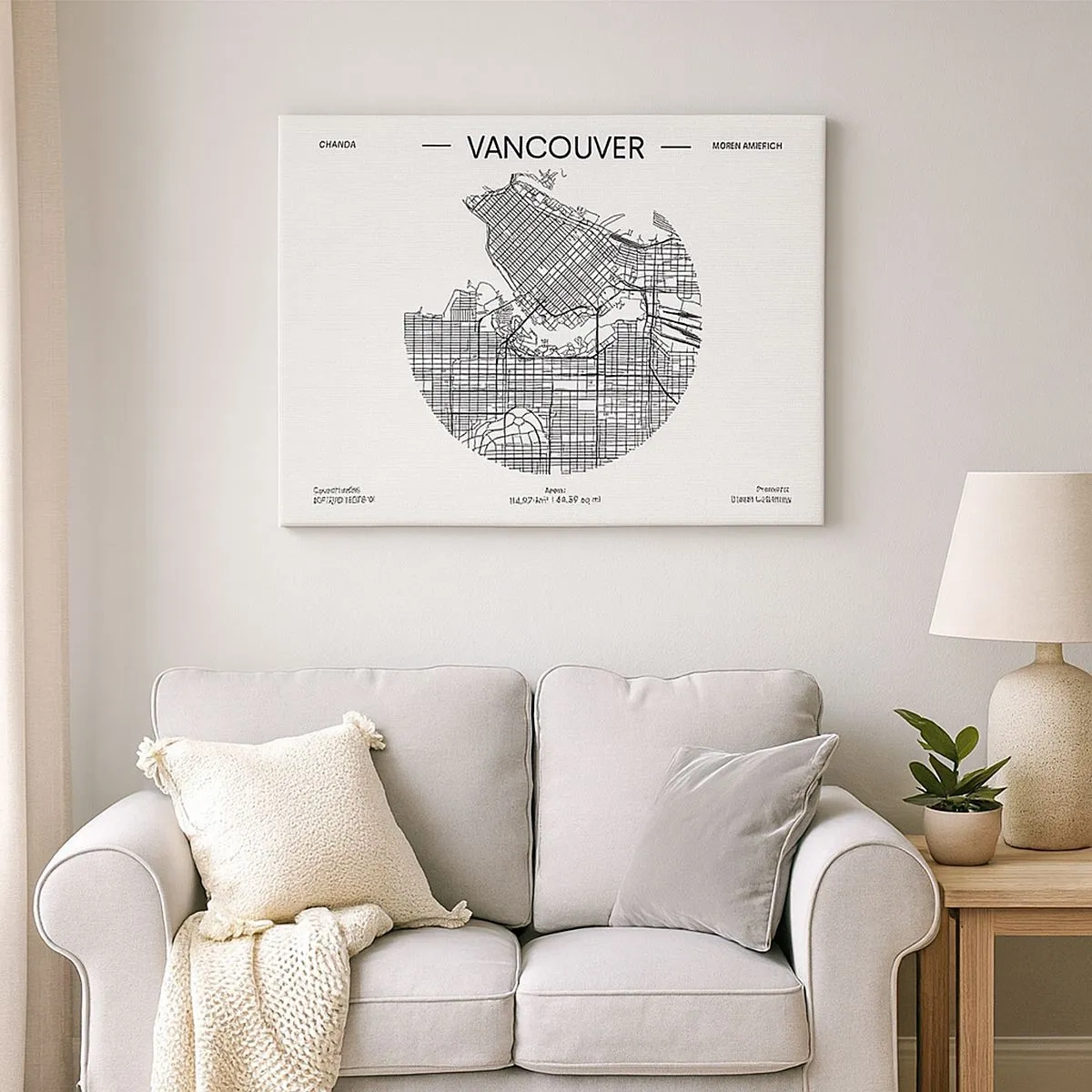 Tablou pe pânză Canvas - O hartă a orașului Vancouver într-un stil minimalist alb-negru - 70x50cm - Anatomia Vacouverului - Decorațiune modernă pentru perete pentru living și dormitor ARTTOR
