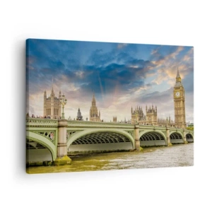Tablou pe pânză Canvas - Big Ben și Westminster Bridge pe fundalul cerului la amurg - 70x50cm - Timpul s-a oprit în Imperiu - Decorațiune modernă pentru perete pentru living și dormitor ARTTOR