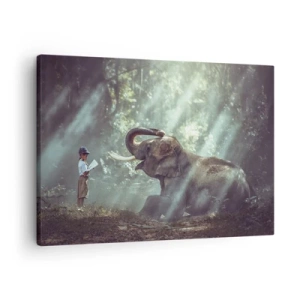 Tablou pe pânză Canvas - Un băiat și un elefant într-o pădure luminată de lumina soarelui - 70x50cm - Și ascultă asta... - Decorațiune modernă pentru perete pentru living și dormitor ARTTOR