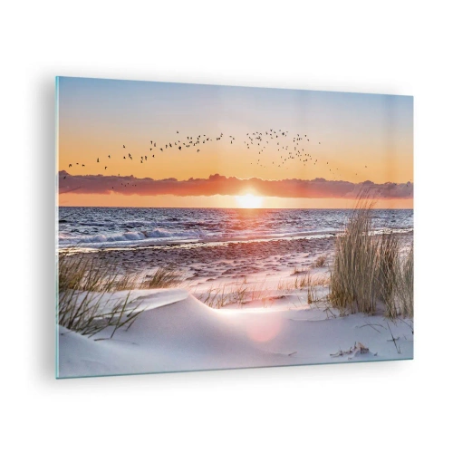Tablou pe sticlă - Apus de soare peste mare cu păsări și dune de nisip - 70x50cm - Peisaj orizontal - Decorațiune modernă pentru perete pentru living și dormitor ARTTOR