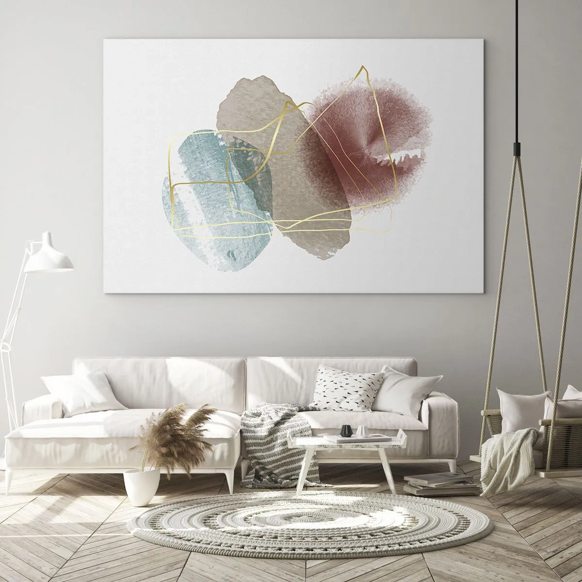 Tablou pe sticlă - Stropi de acuarelă abstractă și linii aurii - 70x50cm - Mărgele de spațiu - Decorațiune modernă pentru perete pentru living și dormitor ARTTOR