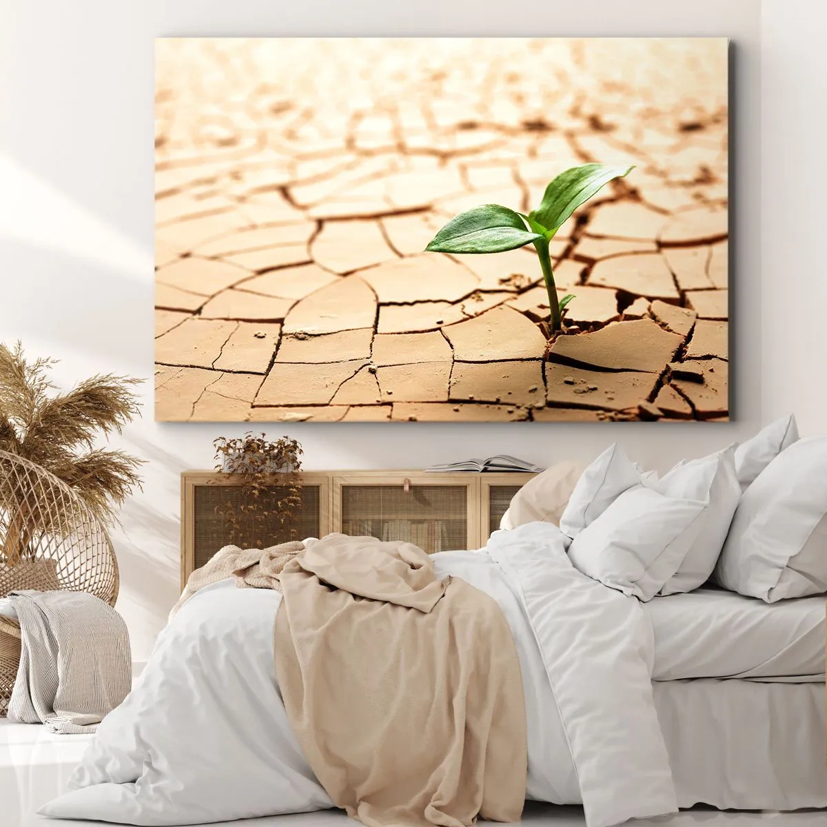 Tablou pe pânză Canvas - O plantă verde care crește din pământ uscat și crăpat - 70x50cm - Forța irepresibilă a vieții - Decorațiune modernă pentru perete pentru living și dormitor ARTTOR