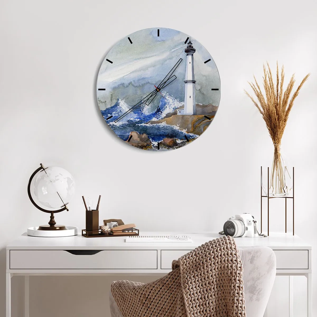 Ceas de perete - Ceas pe sticlă - Un far deasupra unei mări furtunoase - 30x30cm - Împotriva întunericului și a furtunii - Decorațiune modernă pentru perete pentru living, bucătărie și dormitor ARTTOR