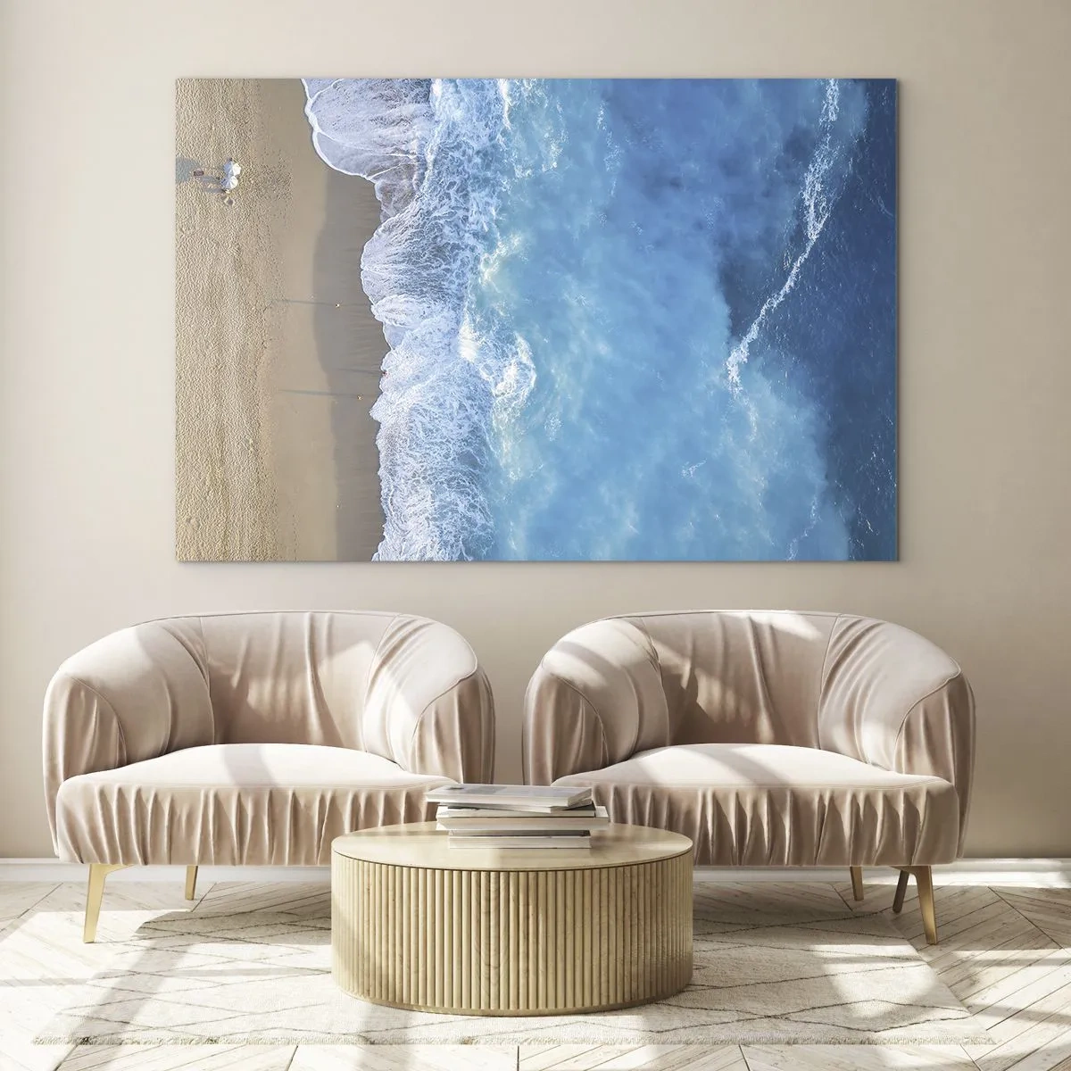 Tablou pe sticlă - Vedere aeriană a plajei și a valurilor care se sparg - 70x50cm - Puterea albastrului - Decorațiune modernă pentru perete pentru living și dormitor ARTTOR