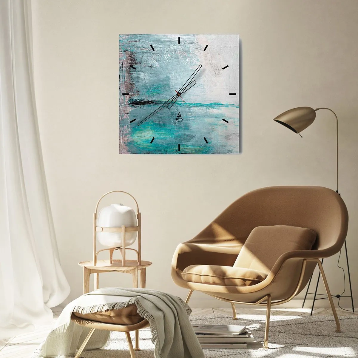 Ceas de perete - Ceas pe sticlă - Orizontal în albastru - 30x30 cm