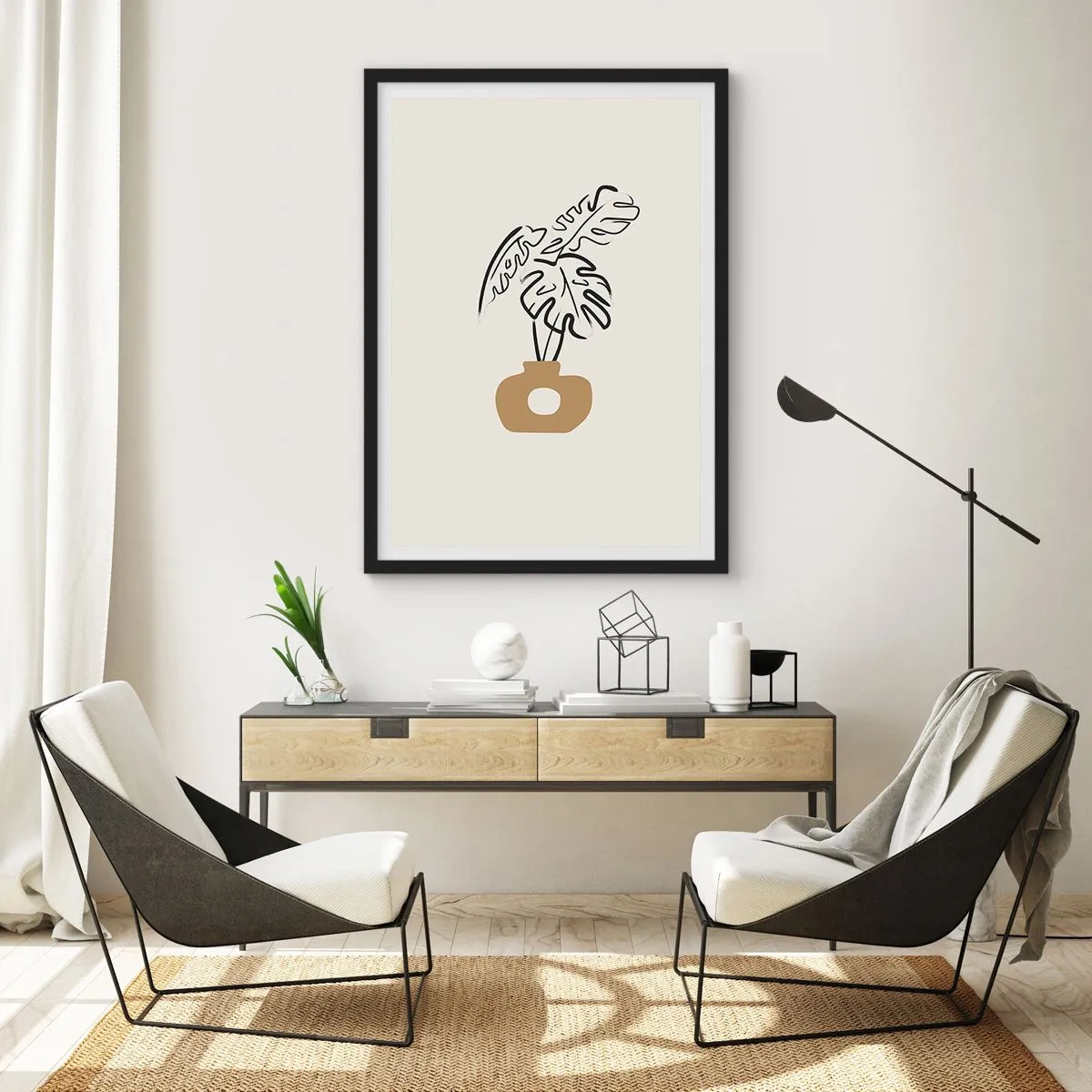 Poster în ramă neagră - Un desen minimalist al unei monstera într-o vază - 50x70cm - Monstera - decorarea casei - Decorațiune modernă pentru perete pentru living și dormitor ARTTOR