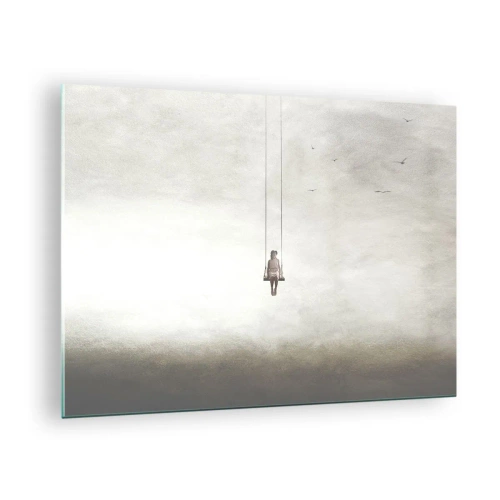 Tablou pe sticlă - O figură pe un leagăn suspendată pe cer - 70x50cm - Copilul din noi - Decorațiune modernă pentru perete pentru living și dormitor ARTTOR