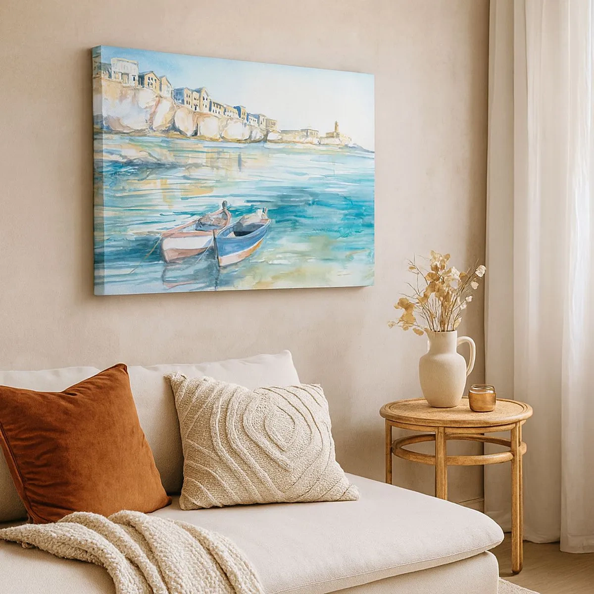 Tablou pe pânză Canvas - Un peisaj pitoresc de pe litoral cu bărci pe apă - 70x50cm - Peisaj în azur - Decorațiune modernă pentru perete pentru living și dormitor ARTTOR
