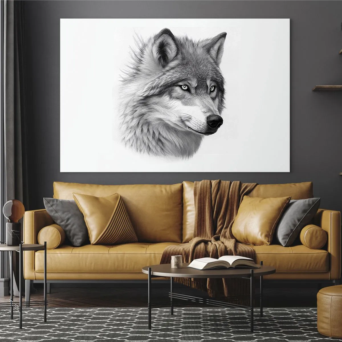 Tablou pe sticlă - Portret alb-negru al unui lup cu o privire pătrunzătoare - 70x50cm - Alfa - fără îndoială - Decorațiune modernă pentru perete pentru living și dormitor ARTTOR