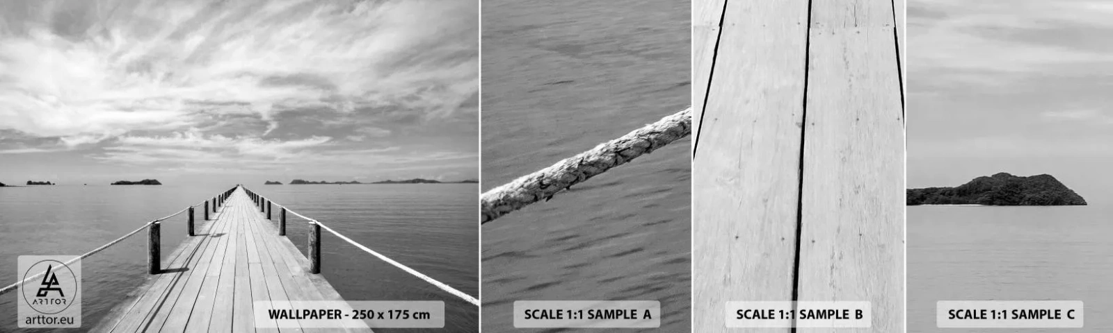 Mostră tapet autocolant Deluxe Sticker - Ce zici de o călătorie... - Peisaj, Mare, Pod de lemn - 100x30 cm