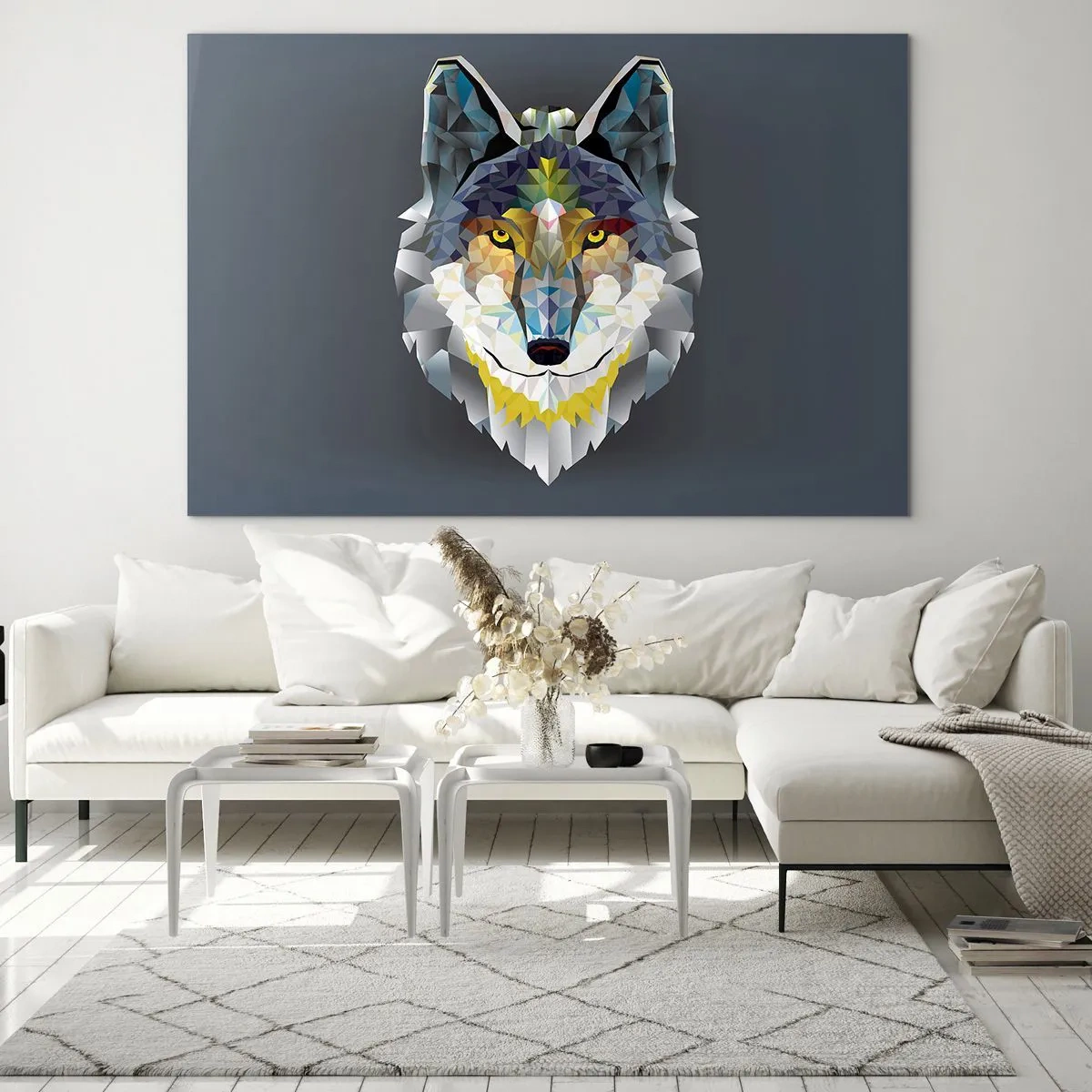 Tablou pe sticlă - Lup geometric pe un fundal întunecat - 70x50cm - Ce știm despre lup - Decorațiune modernă pentru perete pentru living și dormitor ARTTOR