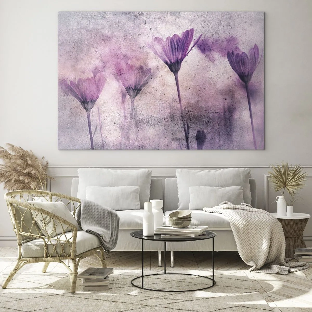 Tablou pe sticlă - Flori delicate în nuanțe pastelate de violet - 70x50cm - Un vis de flori - Decorațiune modernă pentru perete pentru living și dormitor ARTTOR