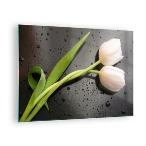 Tablou pe sticlă - Lalele albe pe fundal cu picături de apă - 70x50cm - Țesătură de primăvară - Decorațiune modernă pentru perete pentru living și dormitor ARTTOR