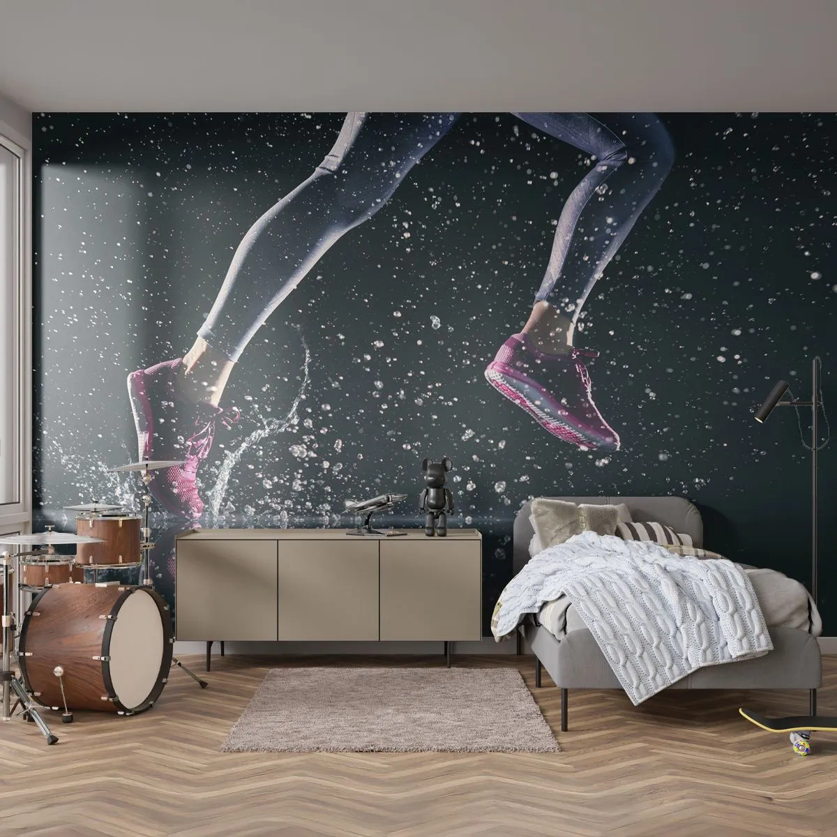 Tapet Standard Eco - Alergare dinamică în bălți cu stropi de apă - 100x70cm - Cât de mult puteți - Decorațiune modernă pentru perete pentru living și dormitor ARTTOR