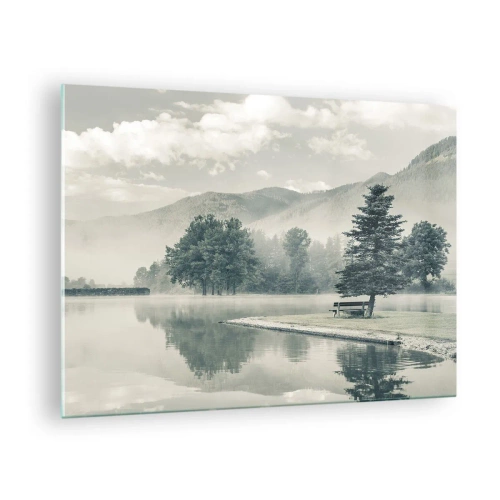 Tablou pe sticlă - Un lac liniștit dimineața, cu o bancă și ceață deasupra apei - 70x50cm - Lacul încă doarme - Decorațiune modernă pentru perete pentru living și dormitor ARTTOR