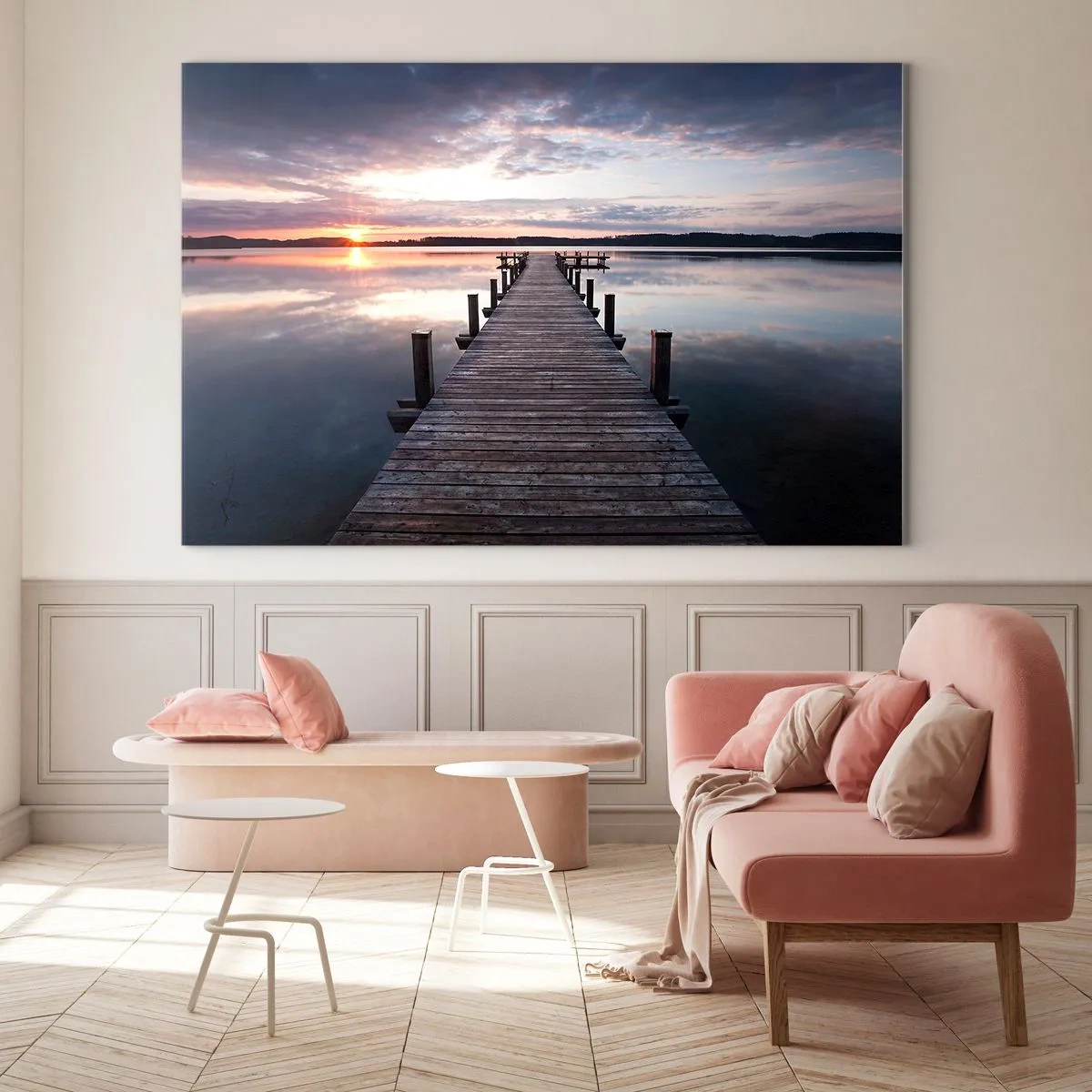 Tablou pe sticlă - Debarcader de lemn pe lac la apus - 70x50cm - Granița tăcută dintre zi și noapte - Decorațiune modernă pentru perete pentru living și dormitor ARTTOR