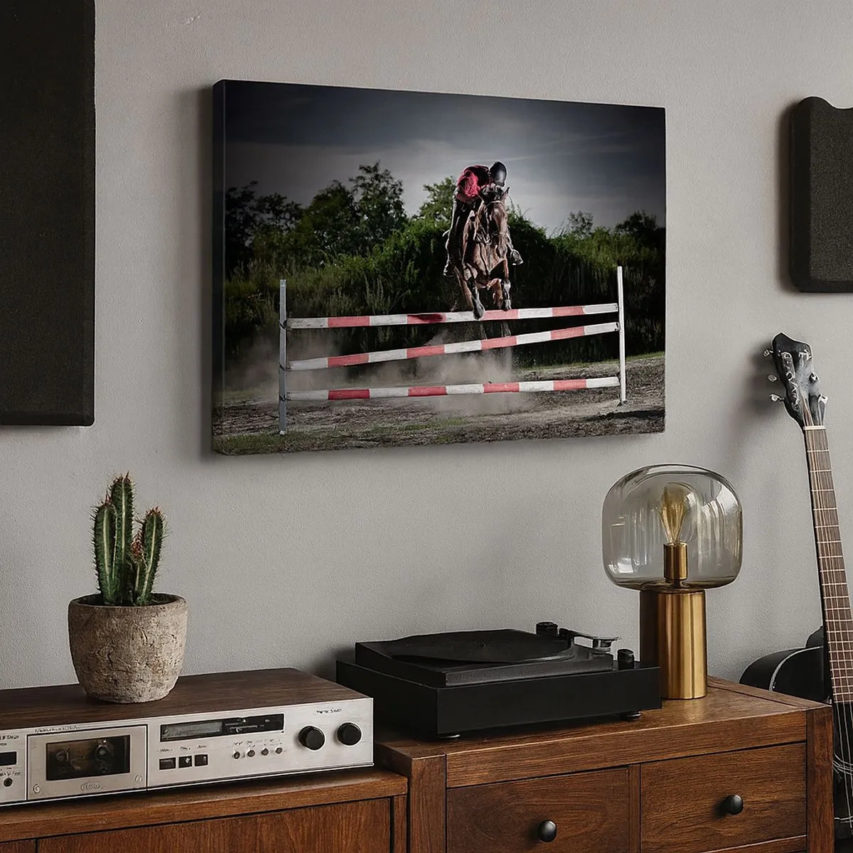 Tablou pe pânză Canvas - Un călăreț pe un cal sărind peste un obstacol pe o pistă de curse - 70x50cm - Împreună pentru victorie - Decorațiune modernă pentru perete pentru living și dormitor ARTTOR