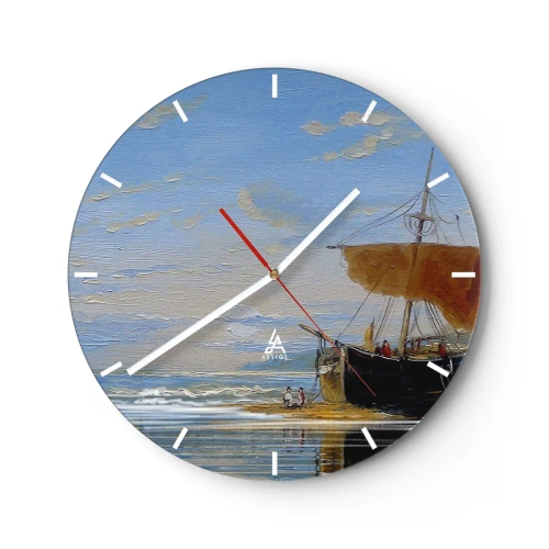 Ceas de perete - Ceas pe sticlă - O navă cu pânze la țărm cu oameni pe fundalul cerului și al mării - 30x30cm - Apă, pământ, aer - Decorațiune modernă pentru perete pentru living, bucătărie și dormitor ARTTOR