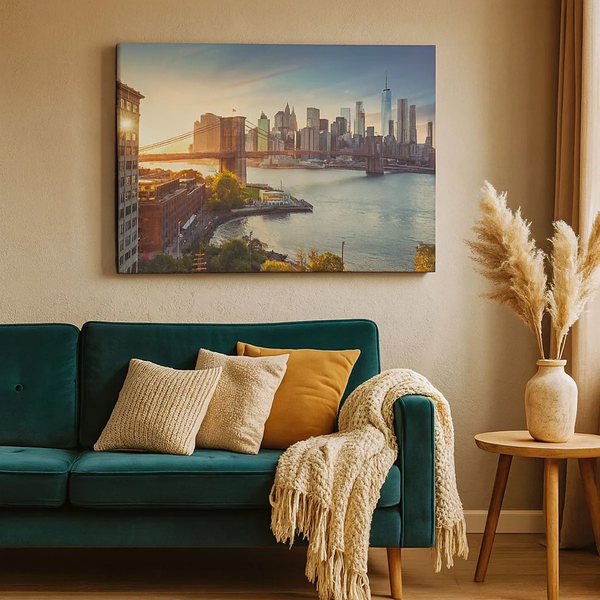 Tablou pe pânză Canvas - Panoramă a orașului cu podul la apus - 70x50cm - Zorii metropolitani - Decorațiune modernă pentru perete pentru living și dormitor ARTTOR