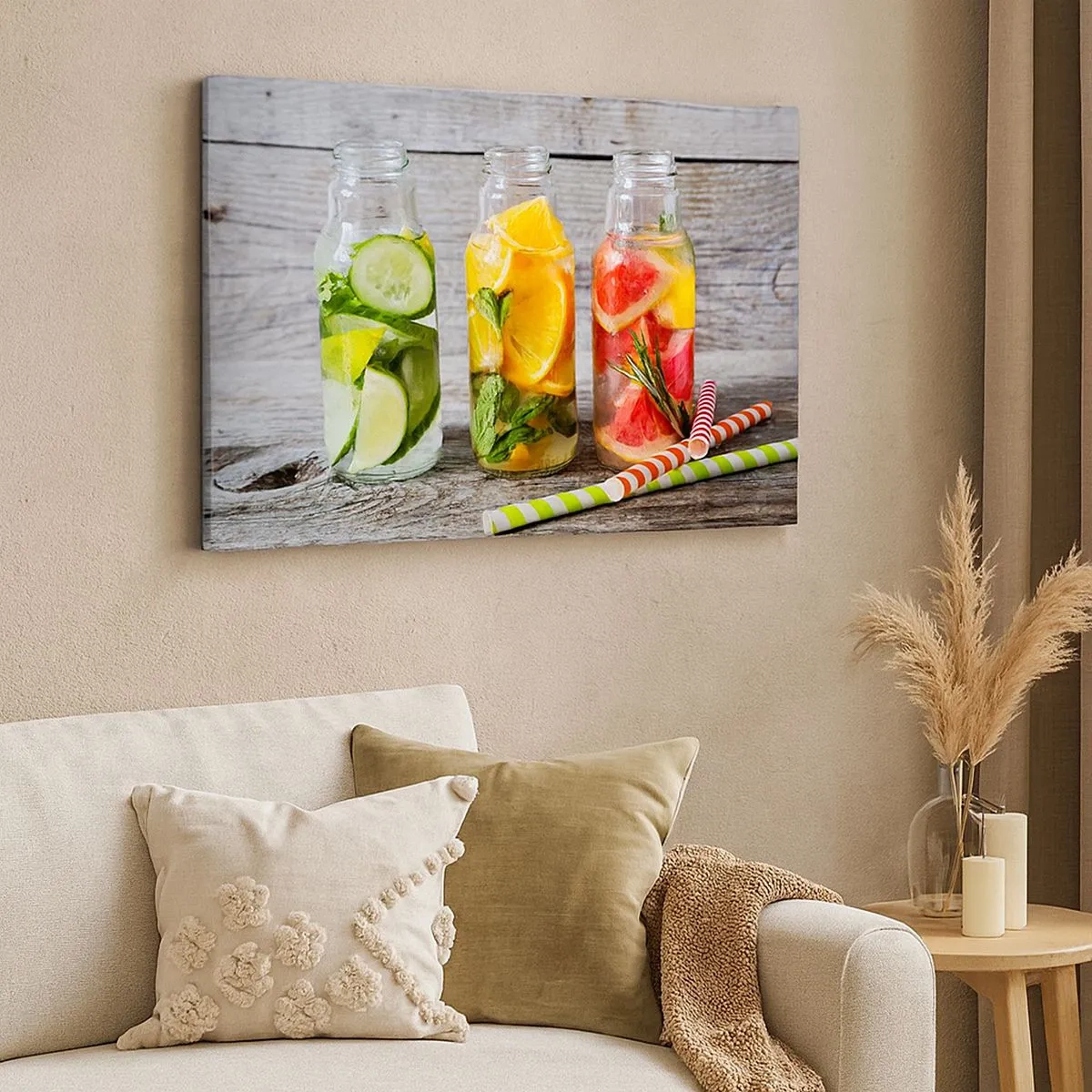 Tablou pe pânză Canvas - Sticle de apă cu fructe și ierburi pe un fundal de lemn - 70x50cm - Sănătoase prin natura - Decorațiune modernă pentru perete pentru living și dormitor ARTTOR