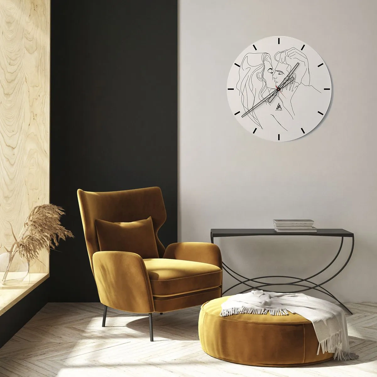 Ceas de perete - Ceas pe sticlă - Un desen animat minimalist al unui cuplu îndrăgostit - 30x30cm - Încurcați în sentimente - Decorațiune modernă pentru perete pentru living, bucătărie și dormitor ARTTOR